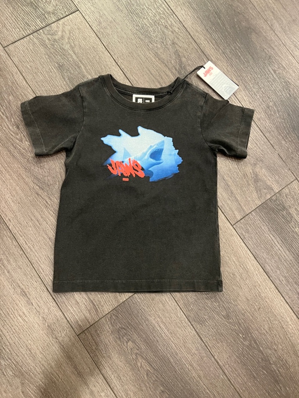 Kith Black Tee with Blue Shark Graphic and Red Logo